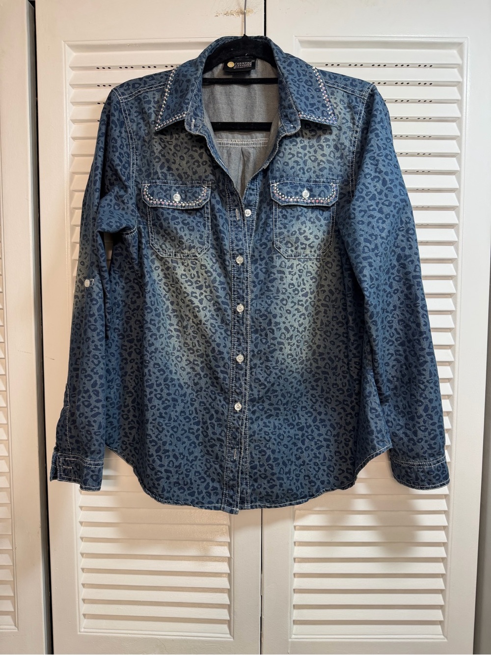 Christine Alexander Denim Cheetah Print Blouse With Rhinestone Detail